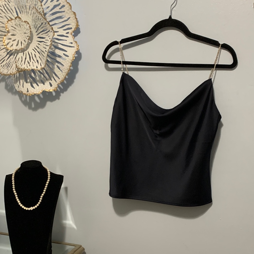 House of Harlow NWT navy blue satin light top with jewelled straps, size xxsmall